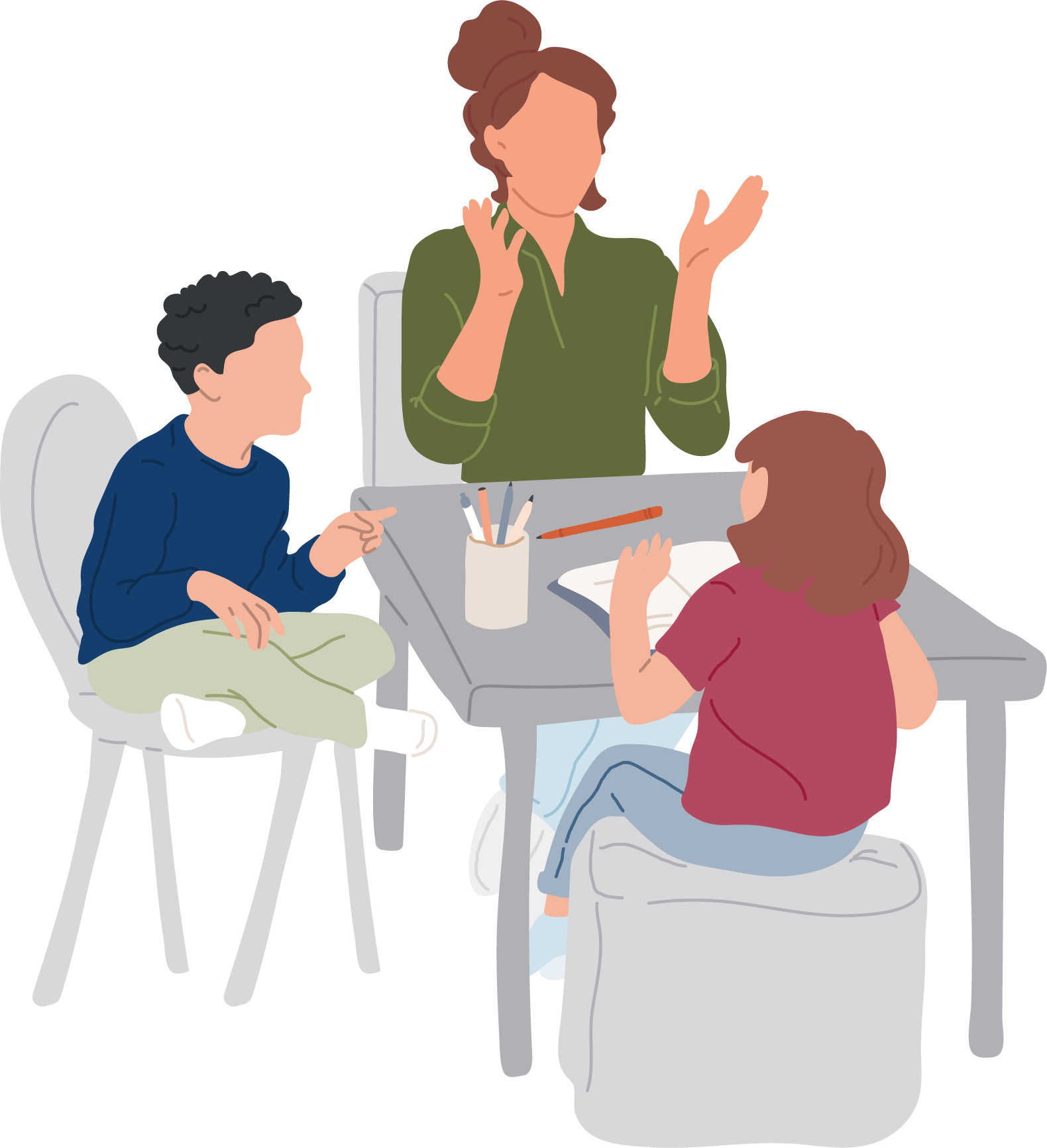 Fachkraft begleitet zwei Kinder bei einer gemeinsamen Aktivität am Tisch in einer Einrichtung.